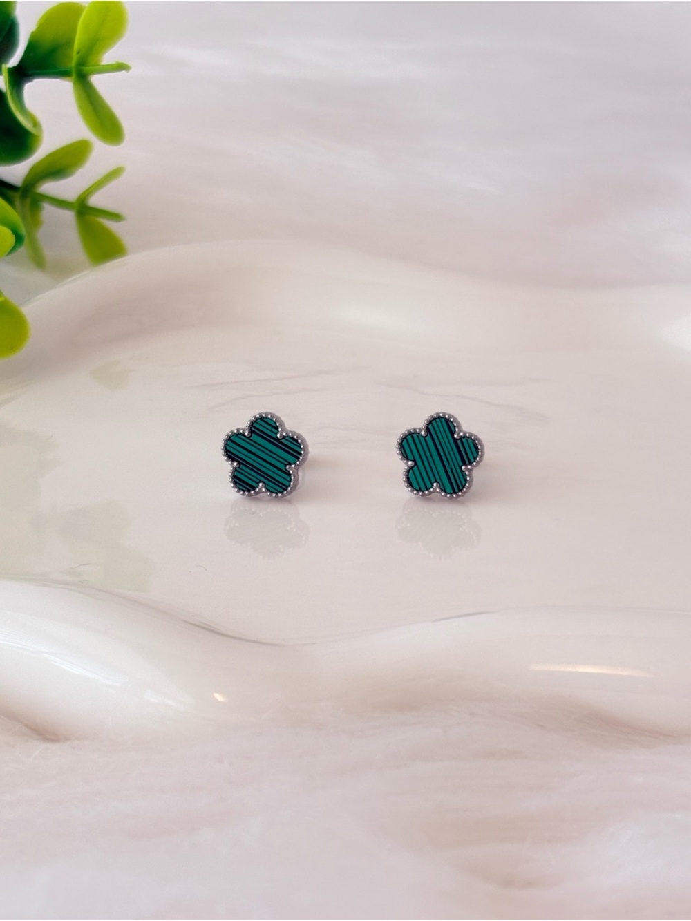 Green and Silver Stainless Steel Clover Earrings